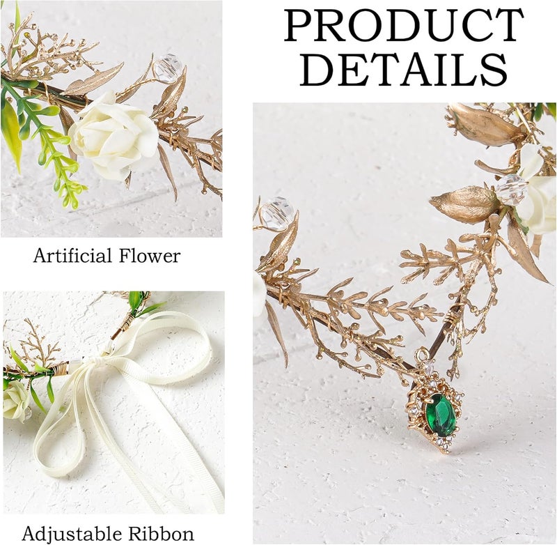MOSTORY Woodland Fairy Crown Headpiece - Green Flower Elf Crowns for Fairy Cotume Women Renaissance, Forest Floral Headband Elven Circlet for Renfaire Cosplay Photo Shoot - Image 5